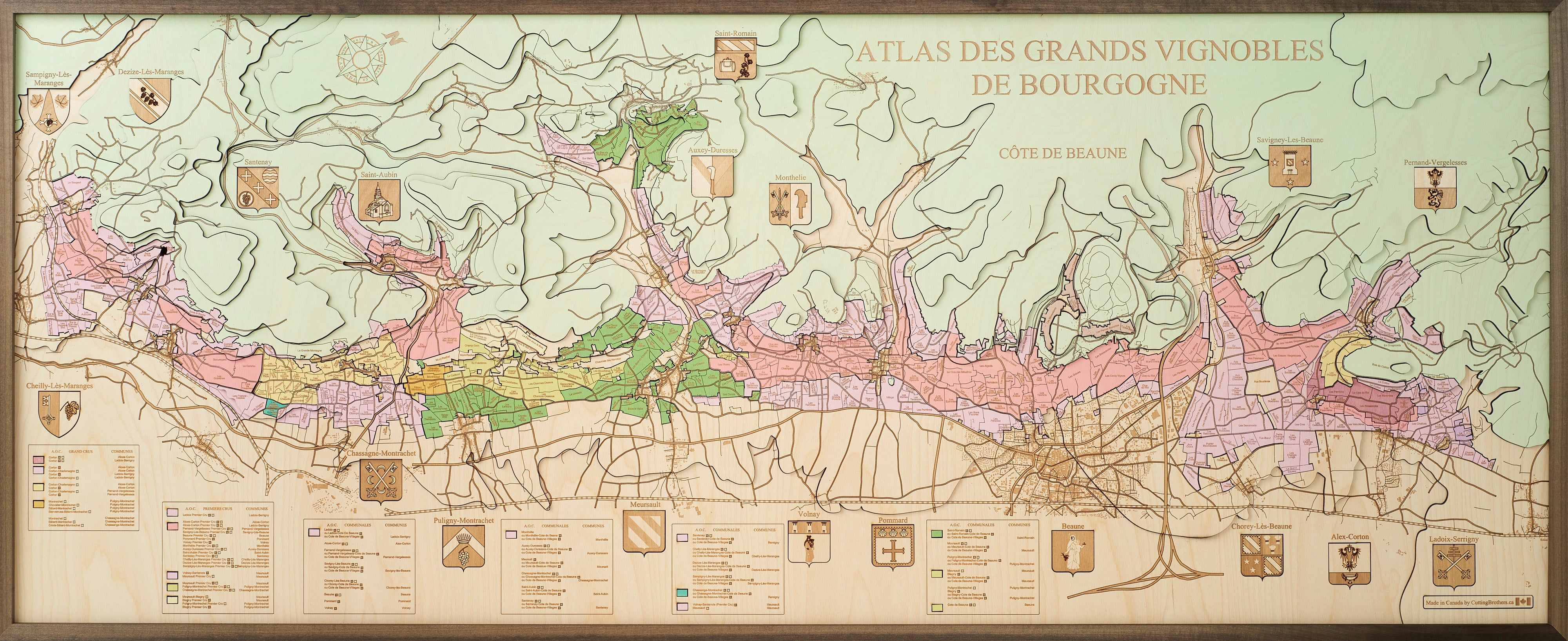 COTE DE BEAUNE-ATLAS DES GRANDS VINOBLES DE BOURGOGNE 3D Holz Wandkarte - Version XXL