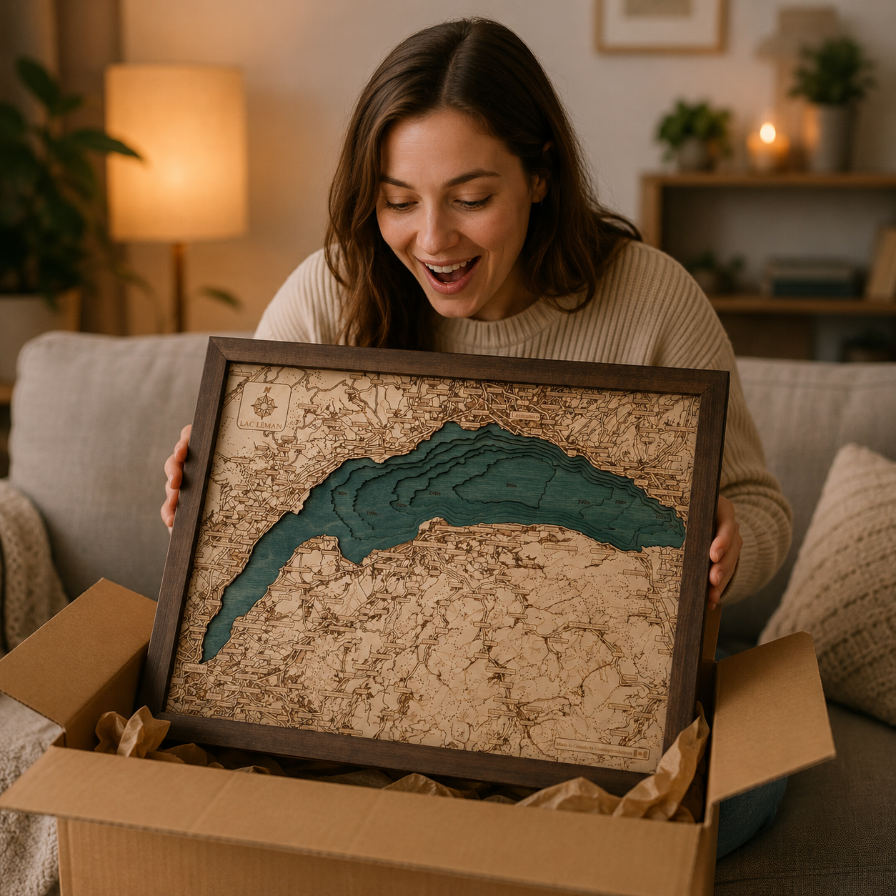 LAC LEMAN GENFER SEE 3D Holz Wandkarte - Version S