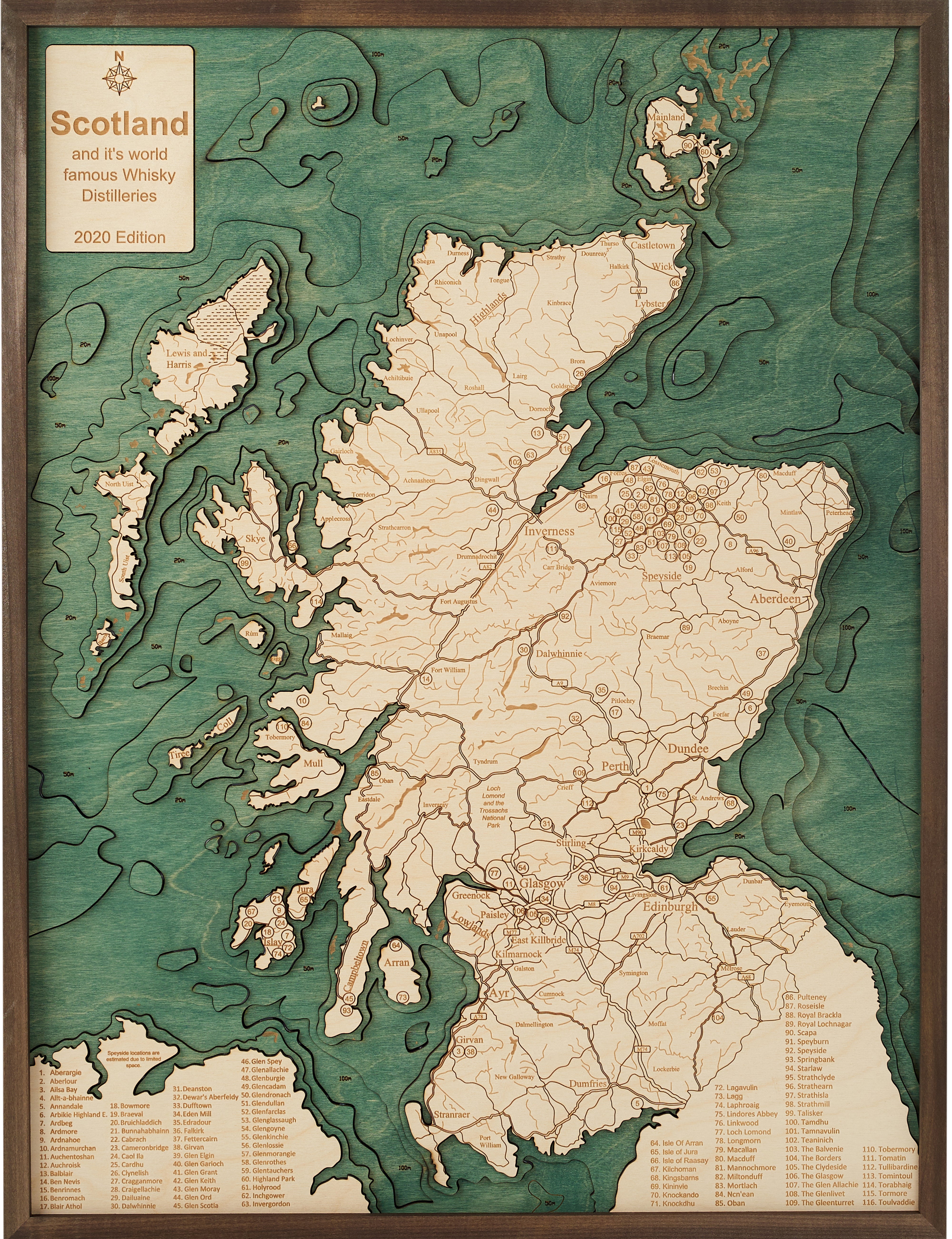 SCHOTTLAND MIT WHISKY DESTILLERIEN 3D Holz Wandkarte - Version L