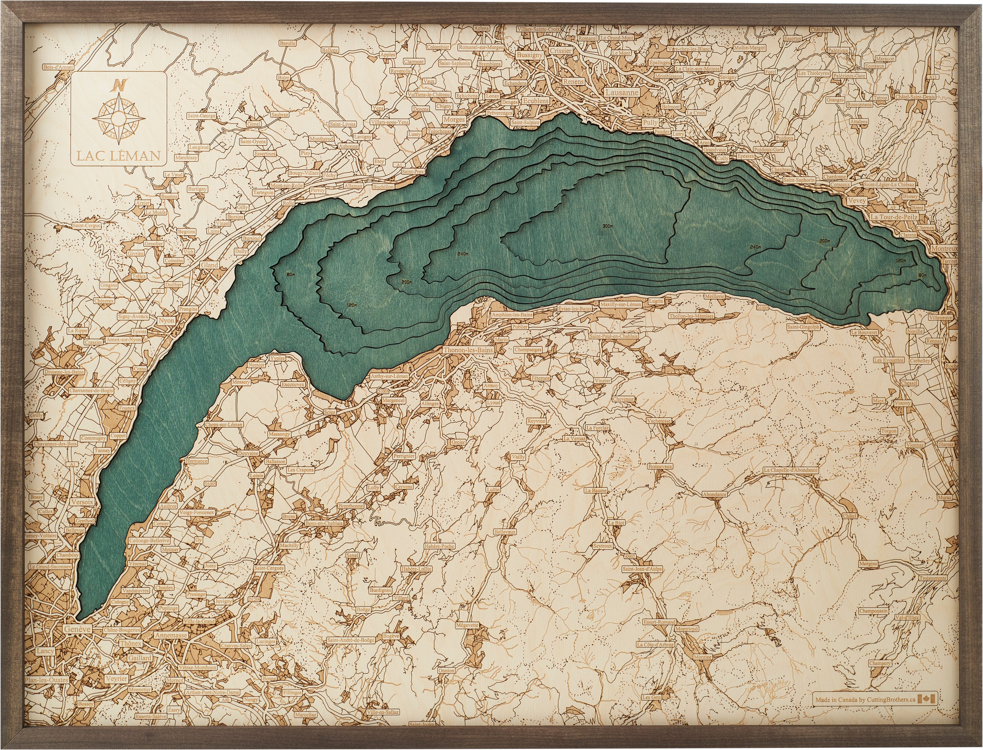 LAC LEMAN GENFER SEE 3D Holz Wandkarte - Version L