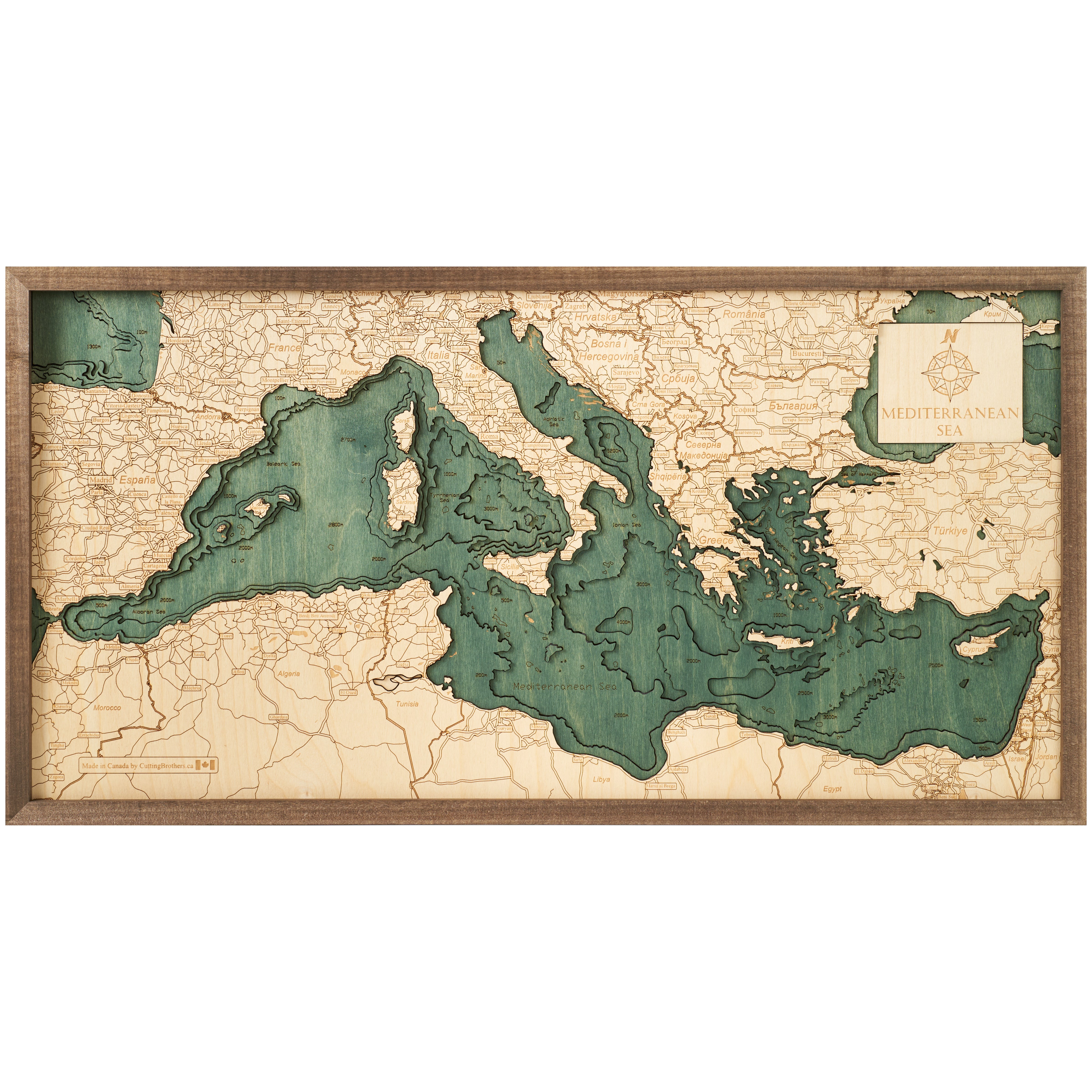 MITTELMEER 3D Holz Wandkarte Version M