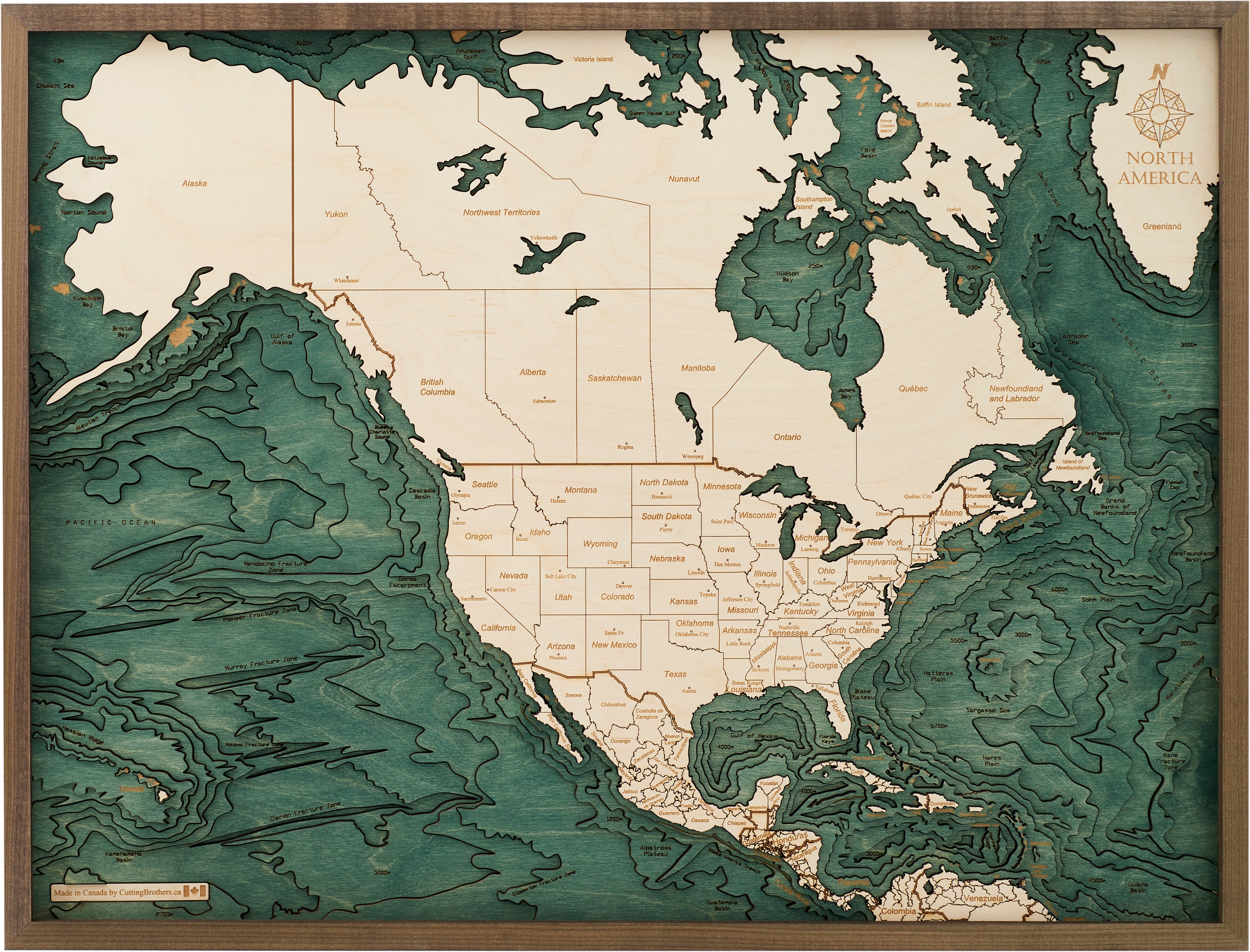 NORDAMERIKA 3D Holz Wandkarte - Version L