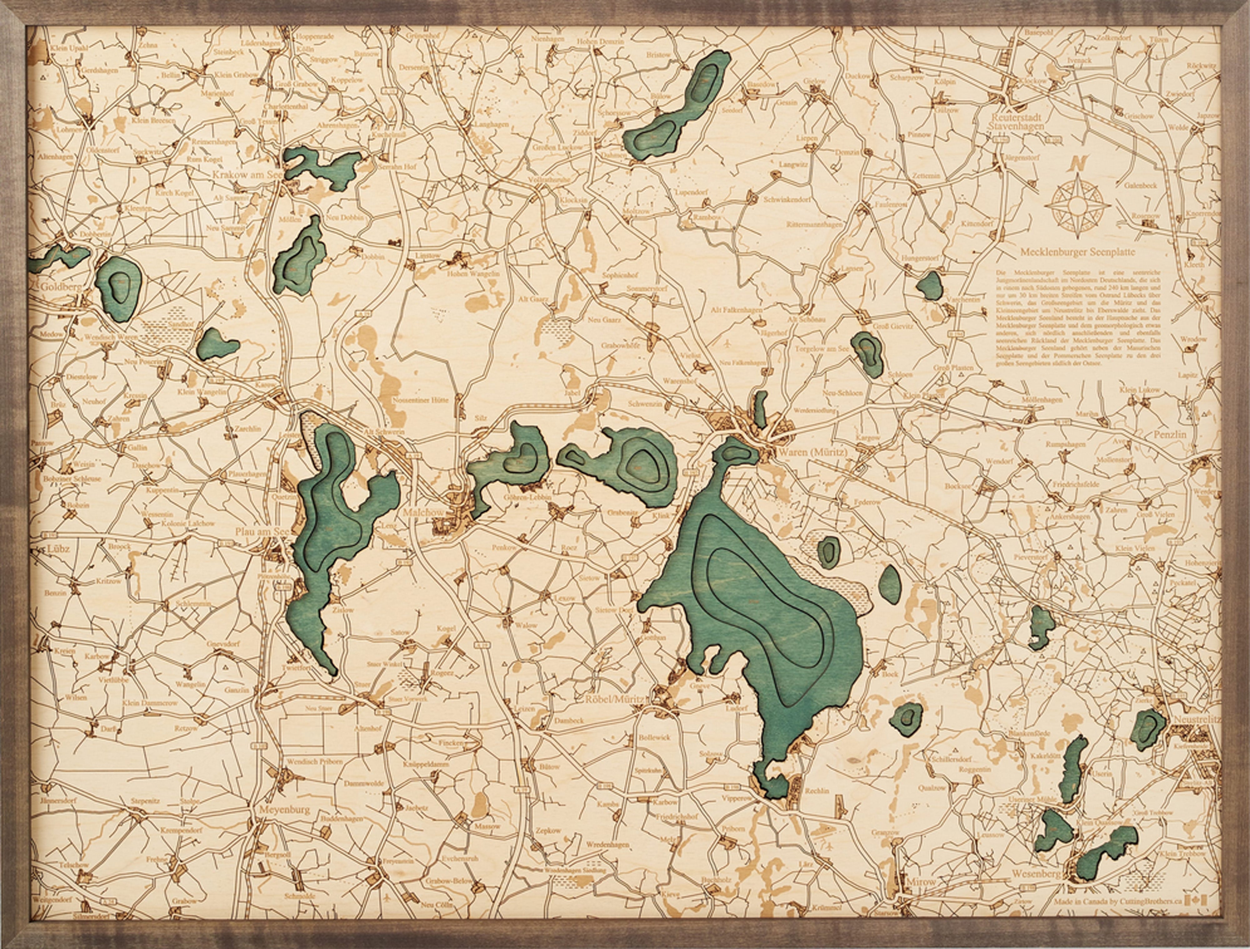 MECKLENBURGISCHE SEENPLATTE 3D Holz Wandkarte - Version L