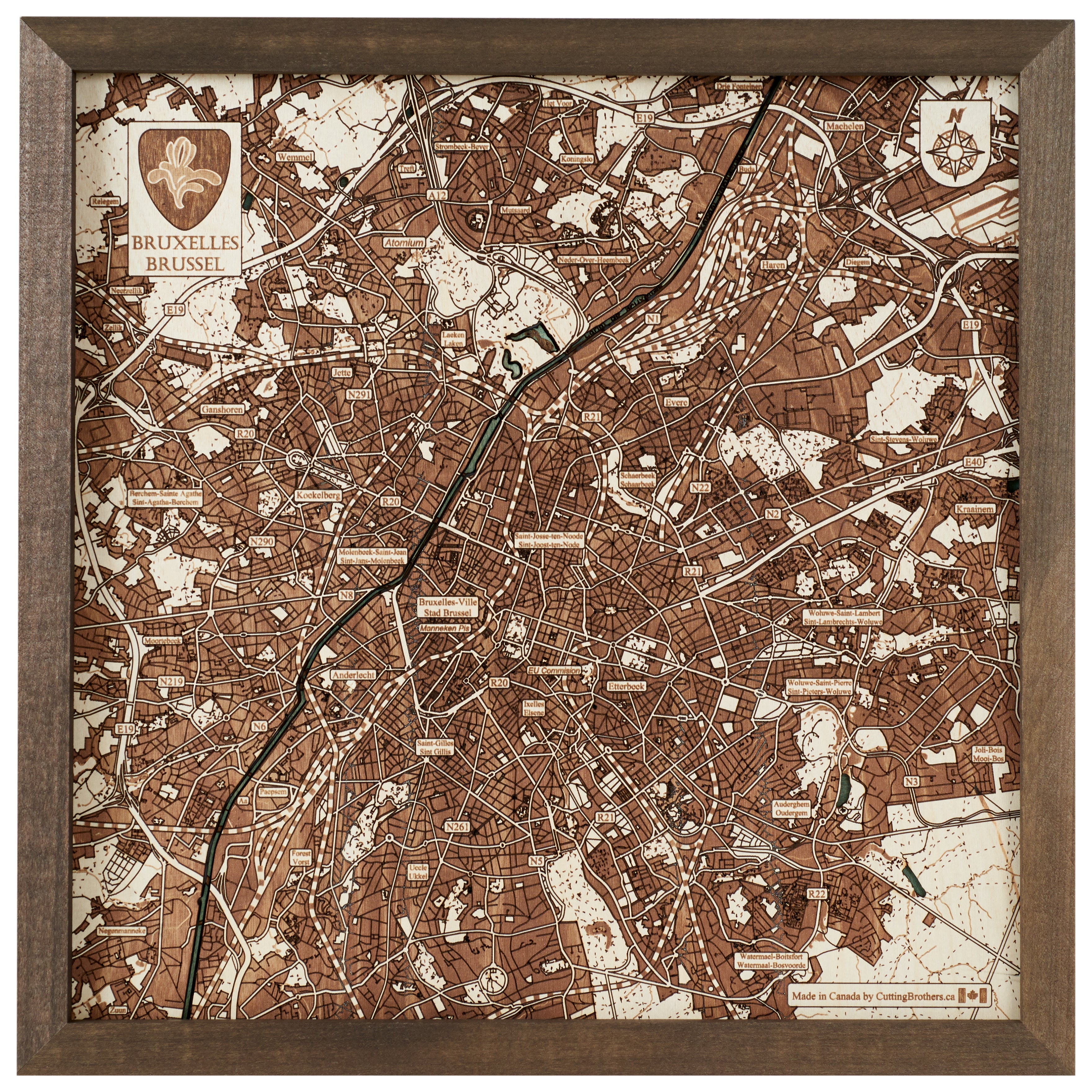 BRUSSELS 3D Wooden Wall Map - Version S