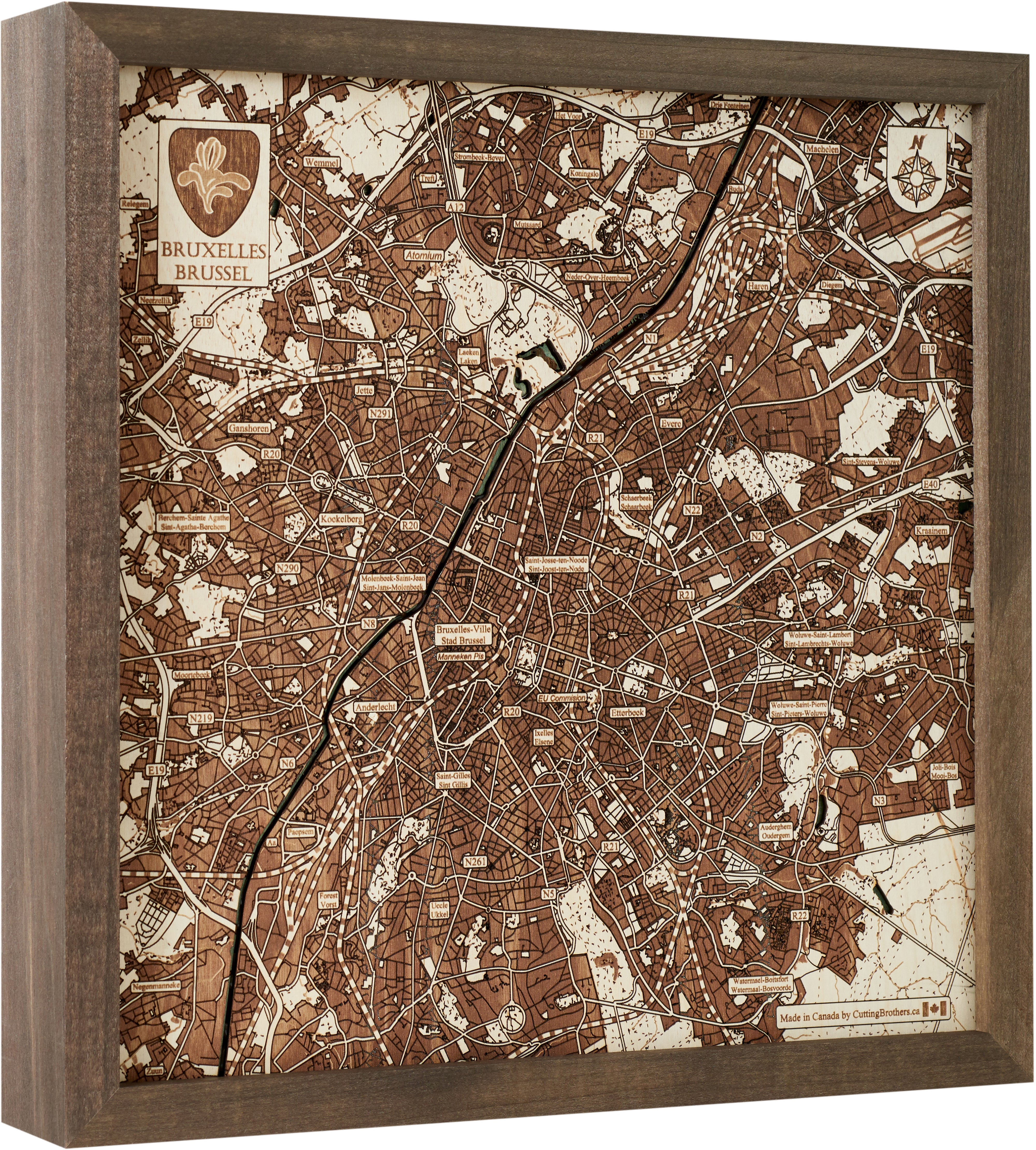 BRUSSELS 3D Wooden Wall Map - Version S