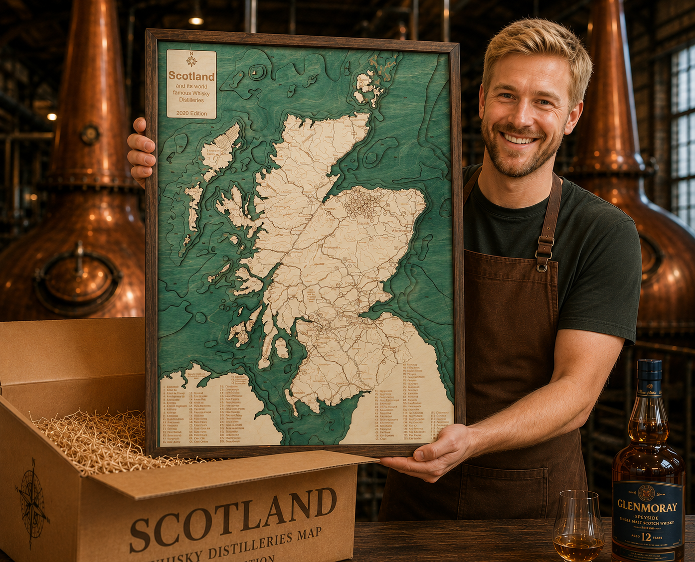 SCHOTTLAND MIT WHISKY DESTILLERIEN 3D Holz Wandkarte - Version L