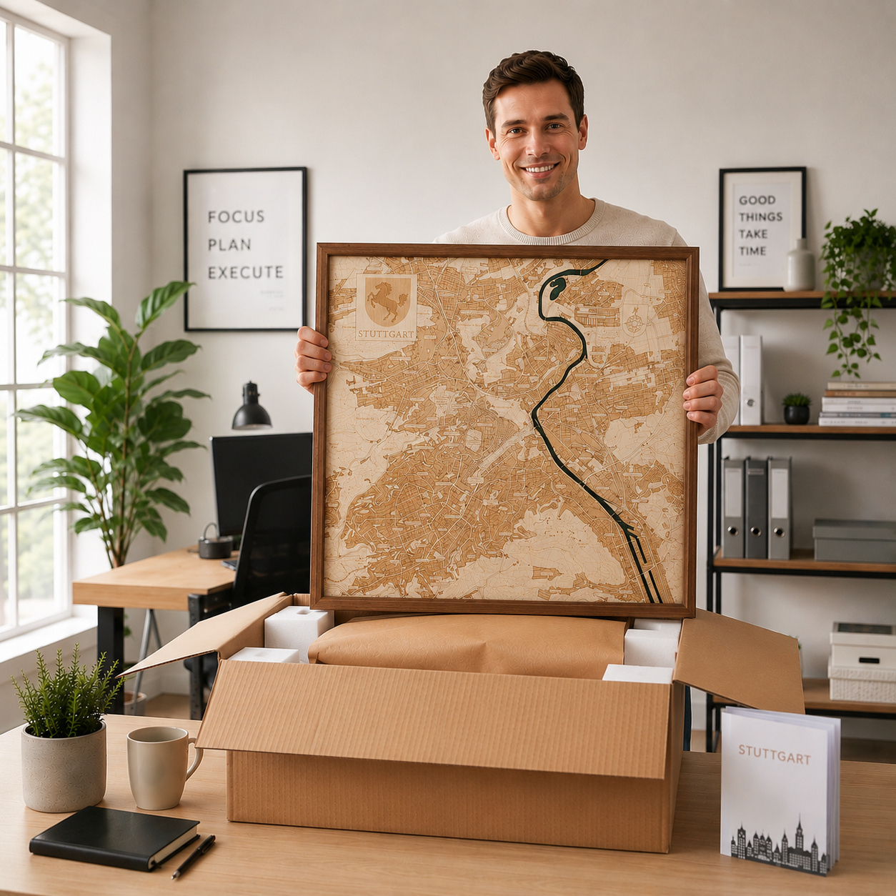 STUTTGART 3D Holz Wandkarte - Version L