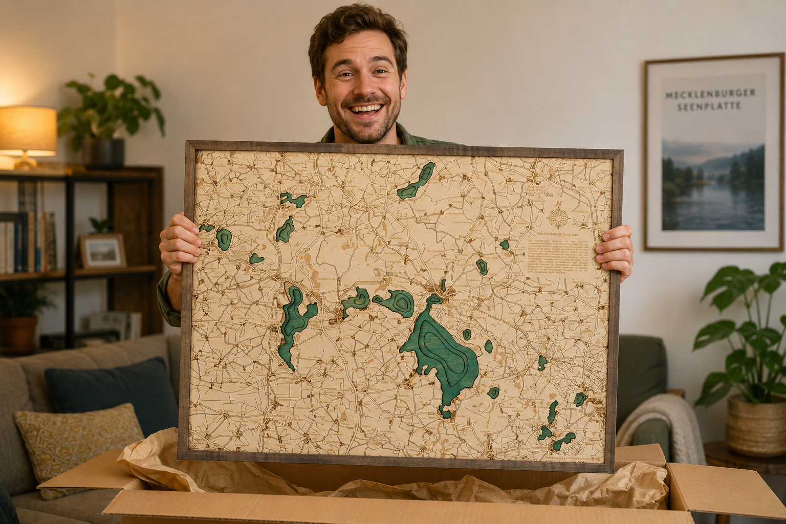 MECKLENBURGISCHE SEENPLATTE 3D Holz Wandkarte - Version L