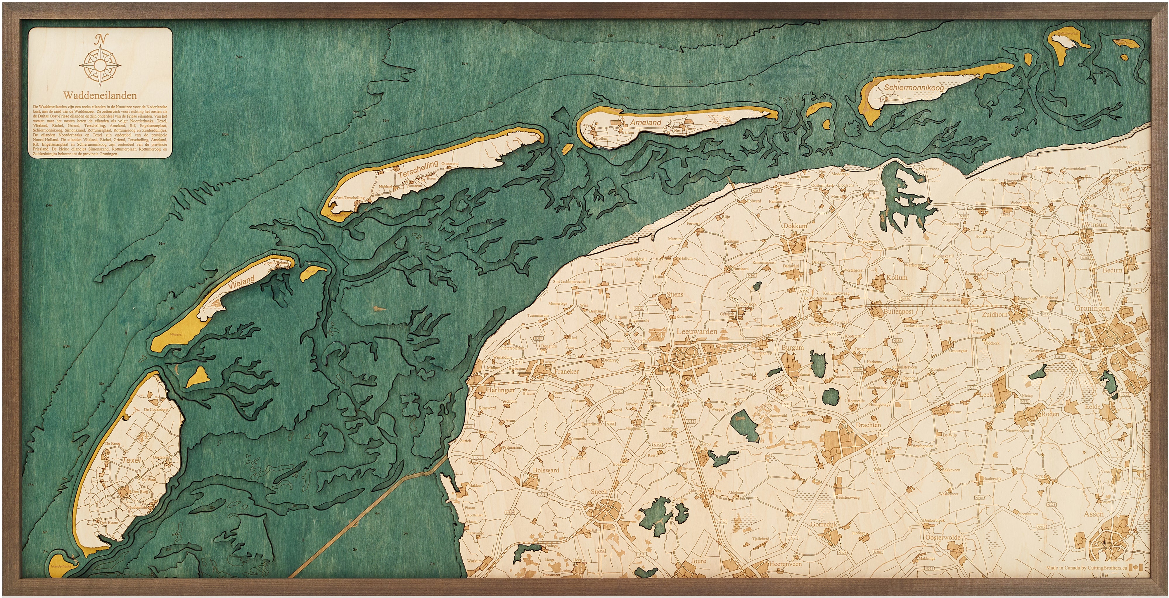 WADDENEILANDEN FRISIAN ISLANDS 3D wooden wall map - version XL 