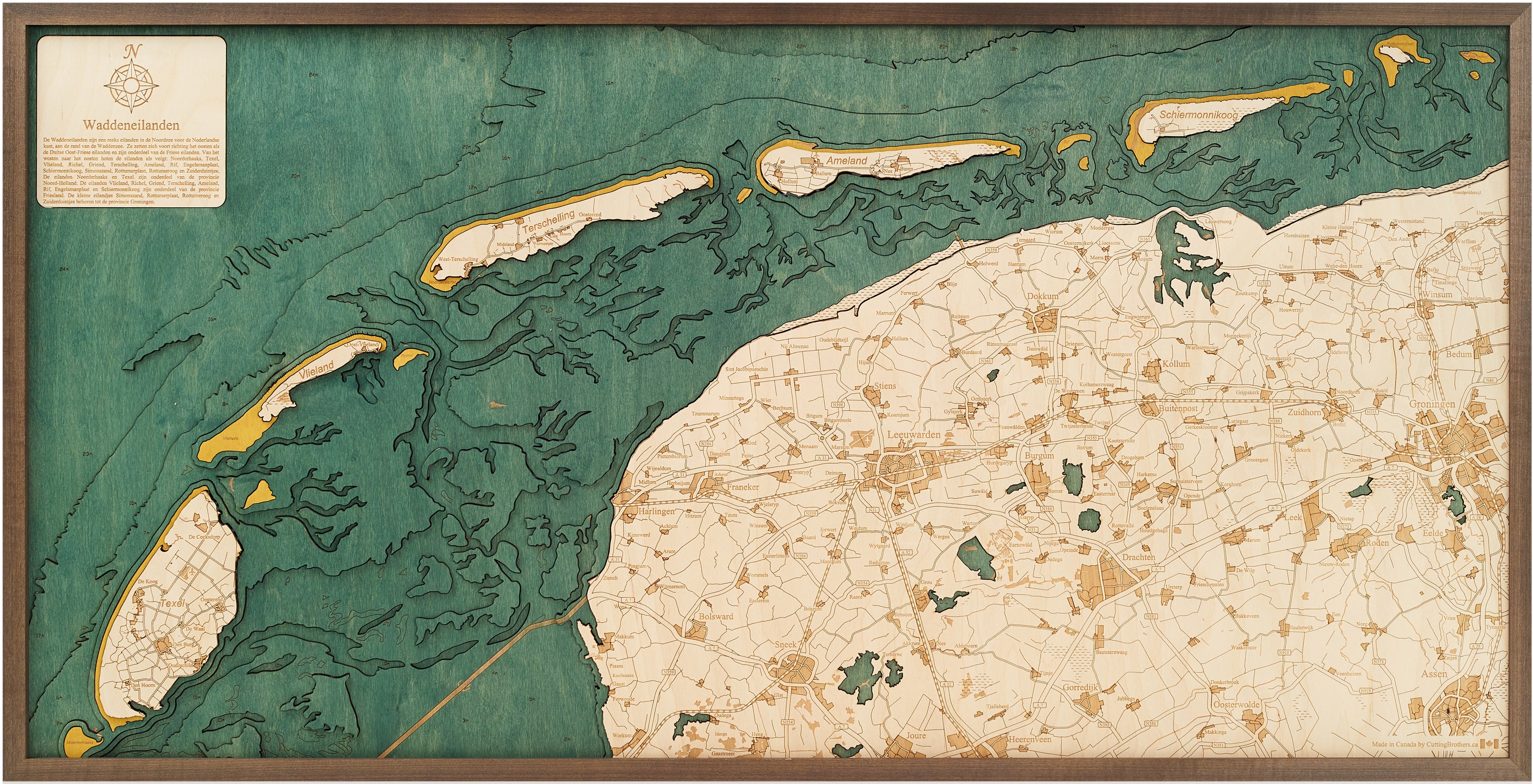 WADDENEILANDEN FRIESISCHE INSELN 3D Holz Wandkarte - Version XL