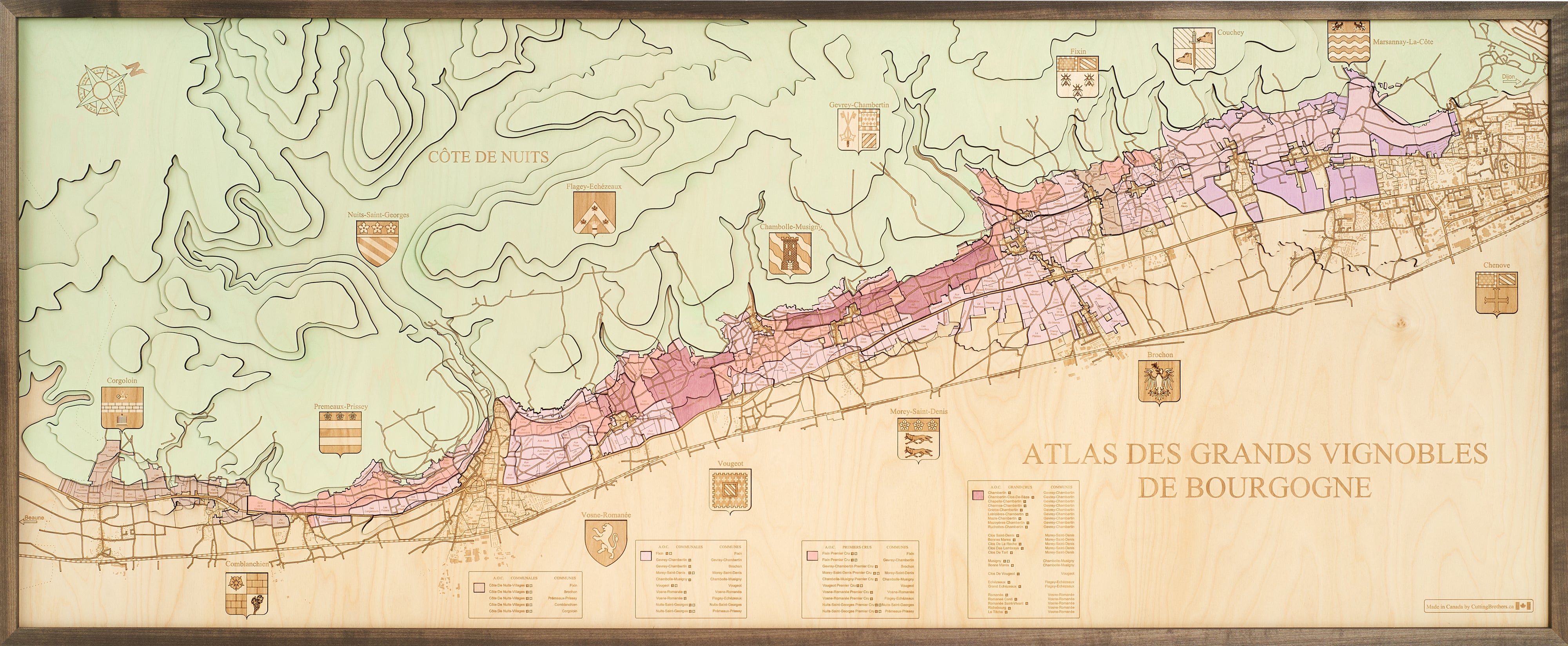 COTE DE NUITS-ATLAS DES GRANDS VINOBLES DE BOURGOGNE 3D Holz Wandkarte - Version XXL