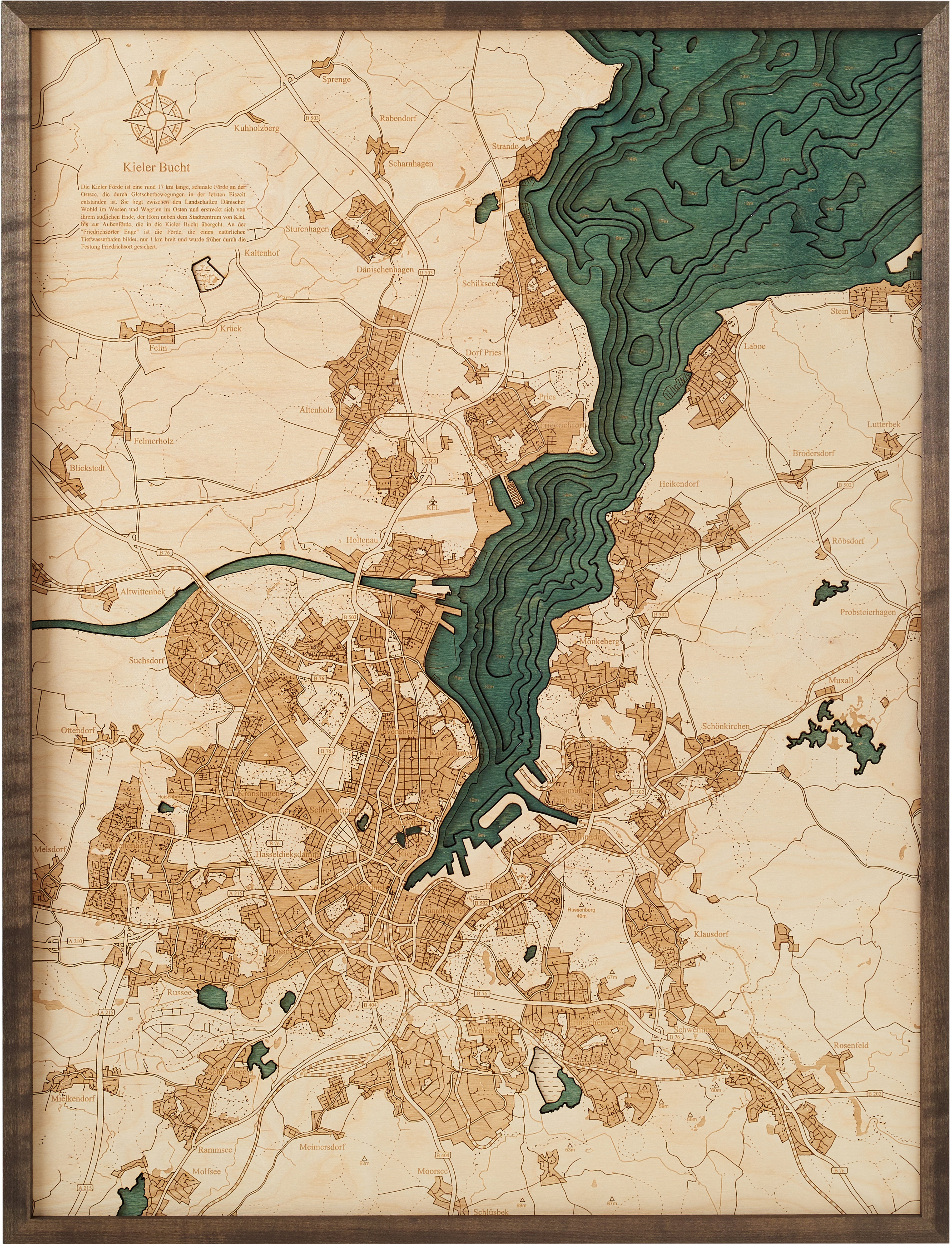 BAY OF KIEL 3D wooden wall map - version L 