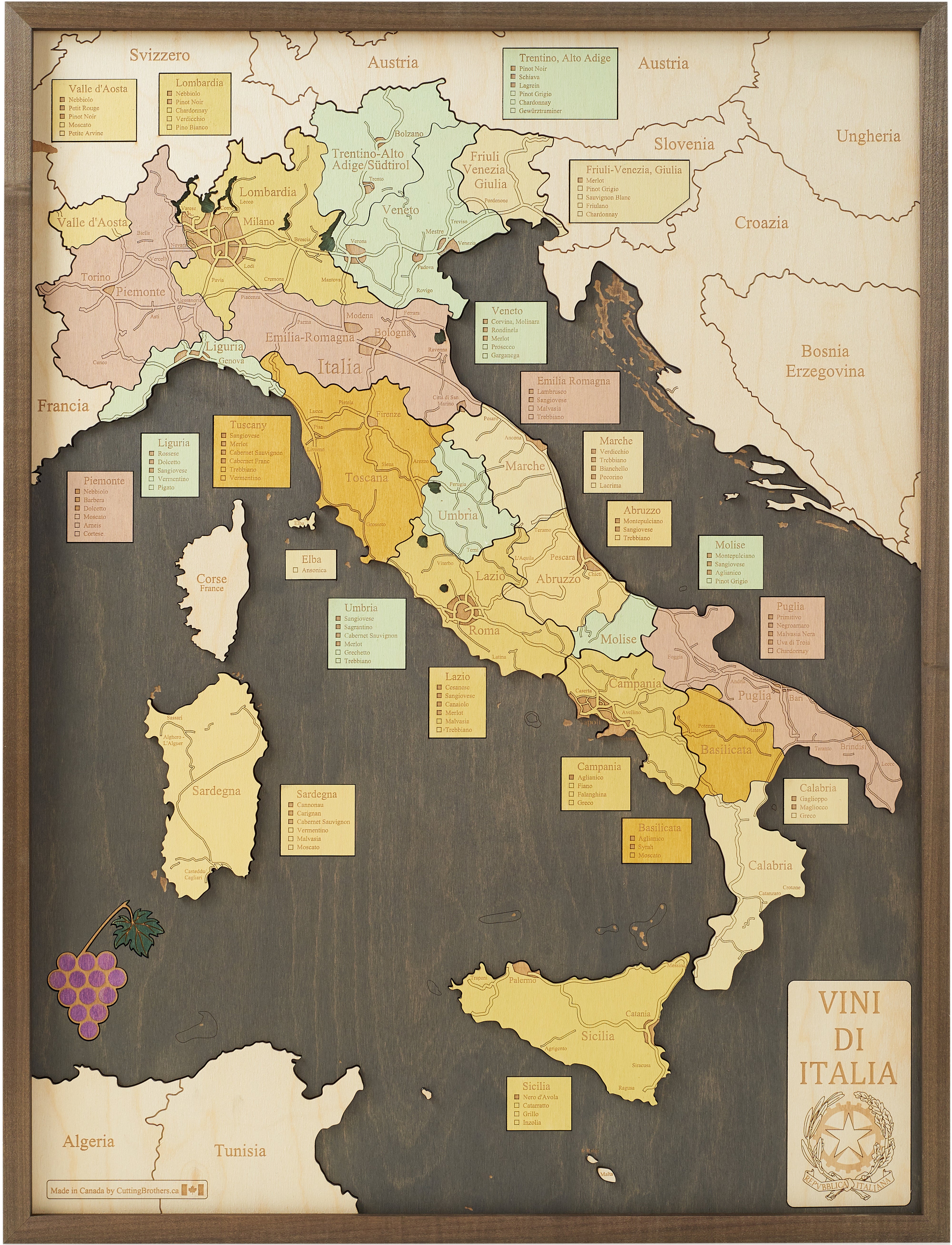 VINI DI ITALIA wine regions 3D wooden wall map - version L 