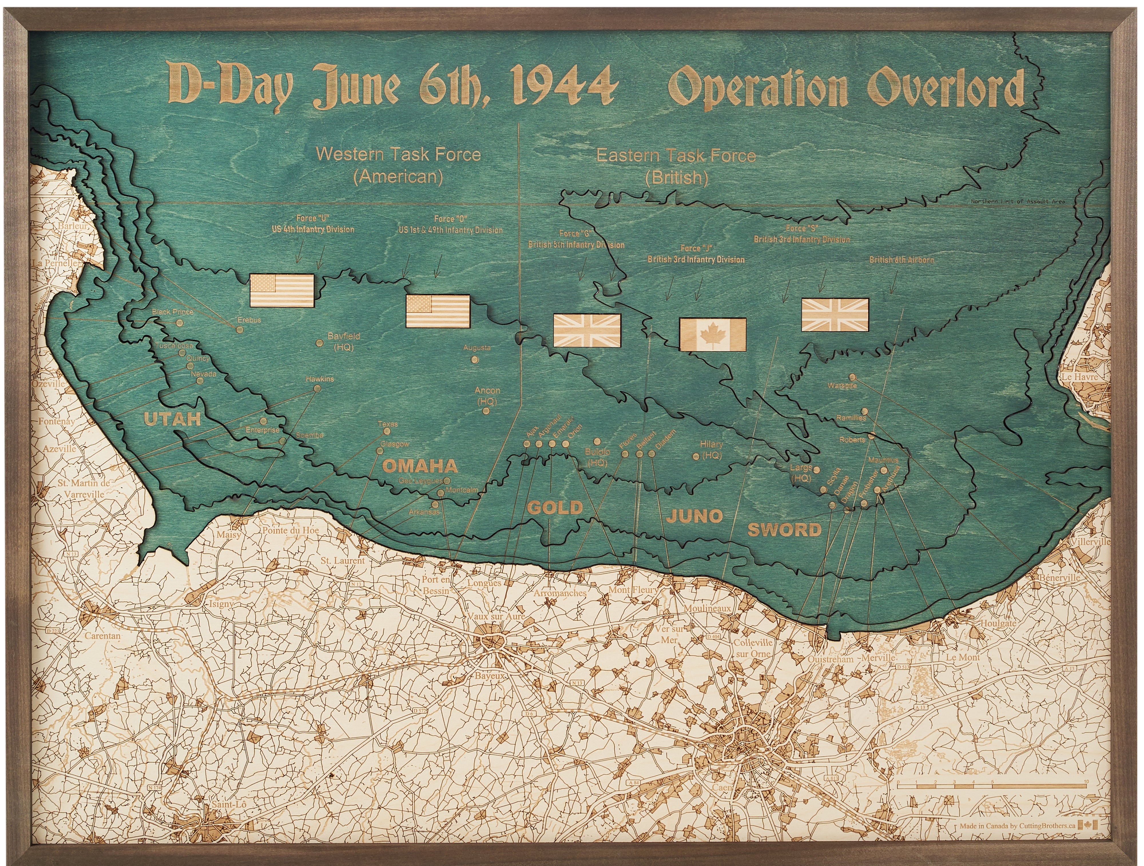 D-DAY BEACHES 80 YEARS OF OPERATION OVERLORD 2024 3D Wooden Wall Map - Version L 