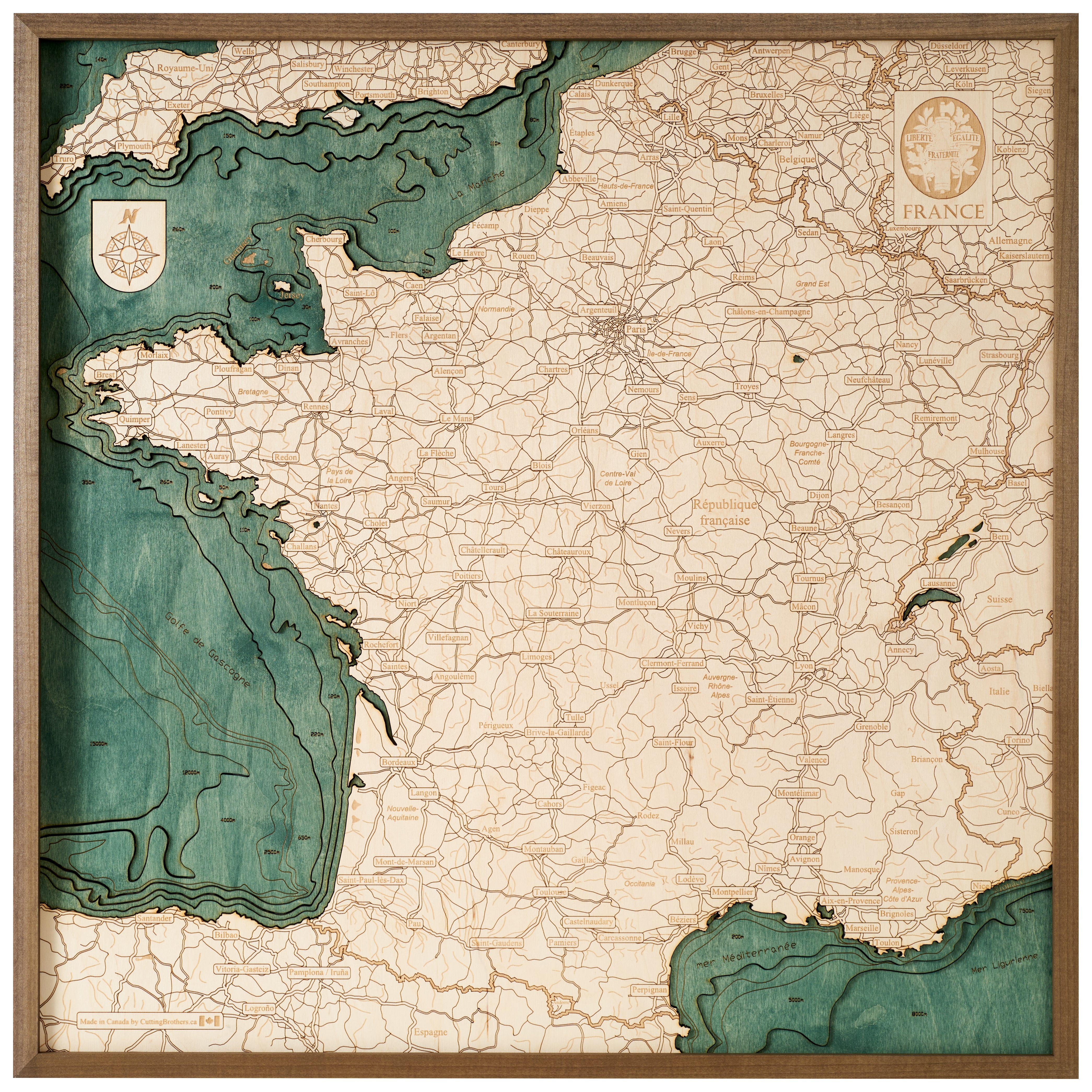 FRANKREICH 3D Holz Wandkarte - Version L