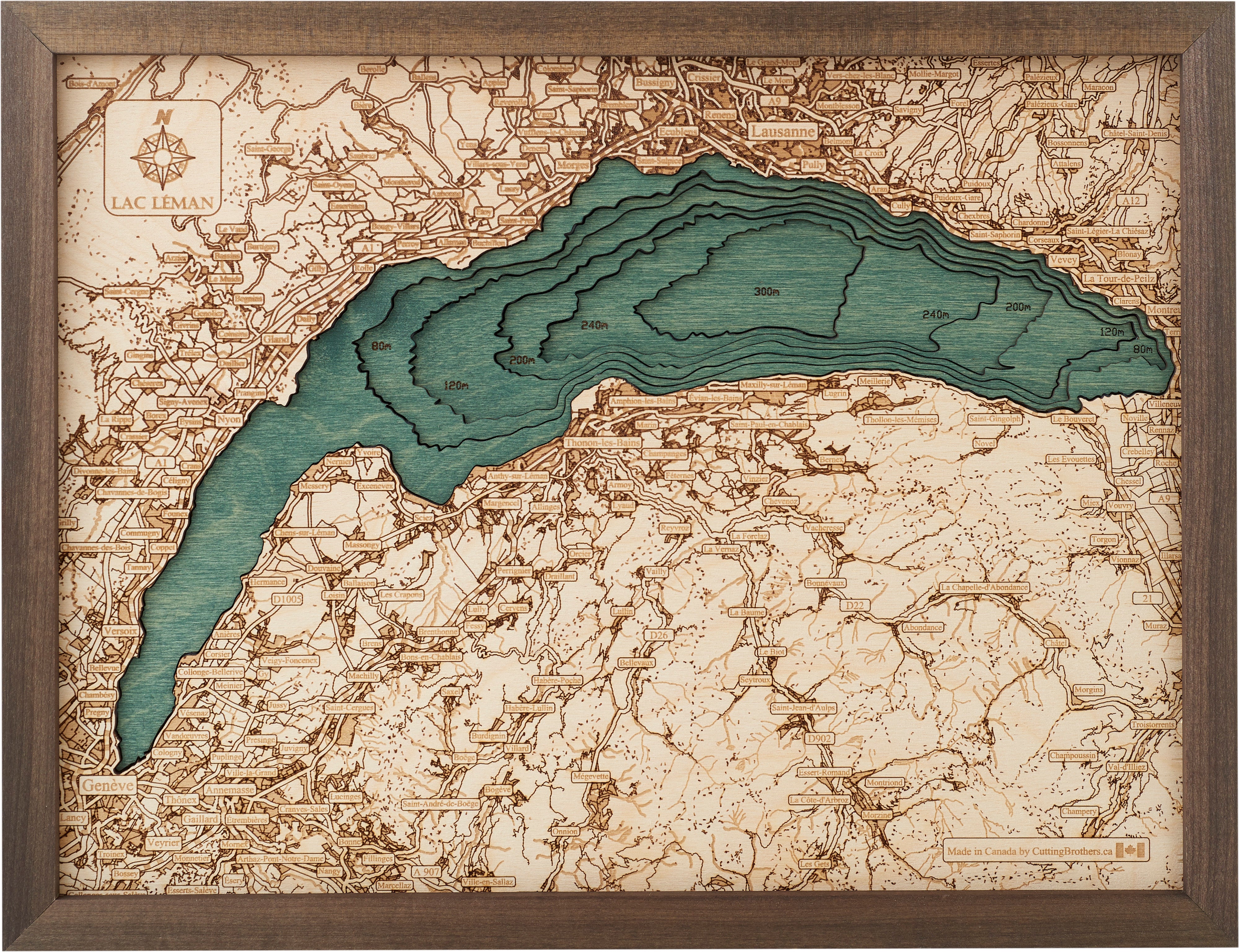 LAC LEMAN LAKE GENEVA 3D Wooden Wall Map - Version S