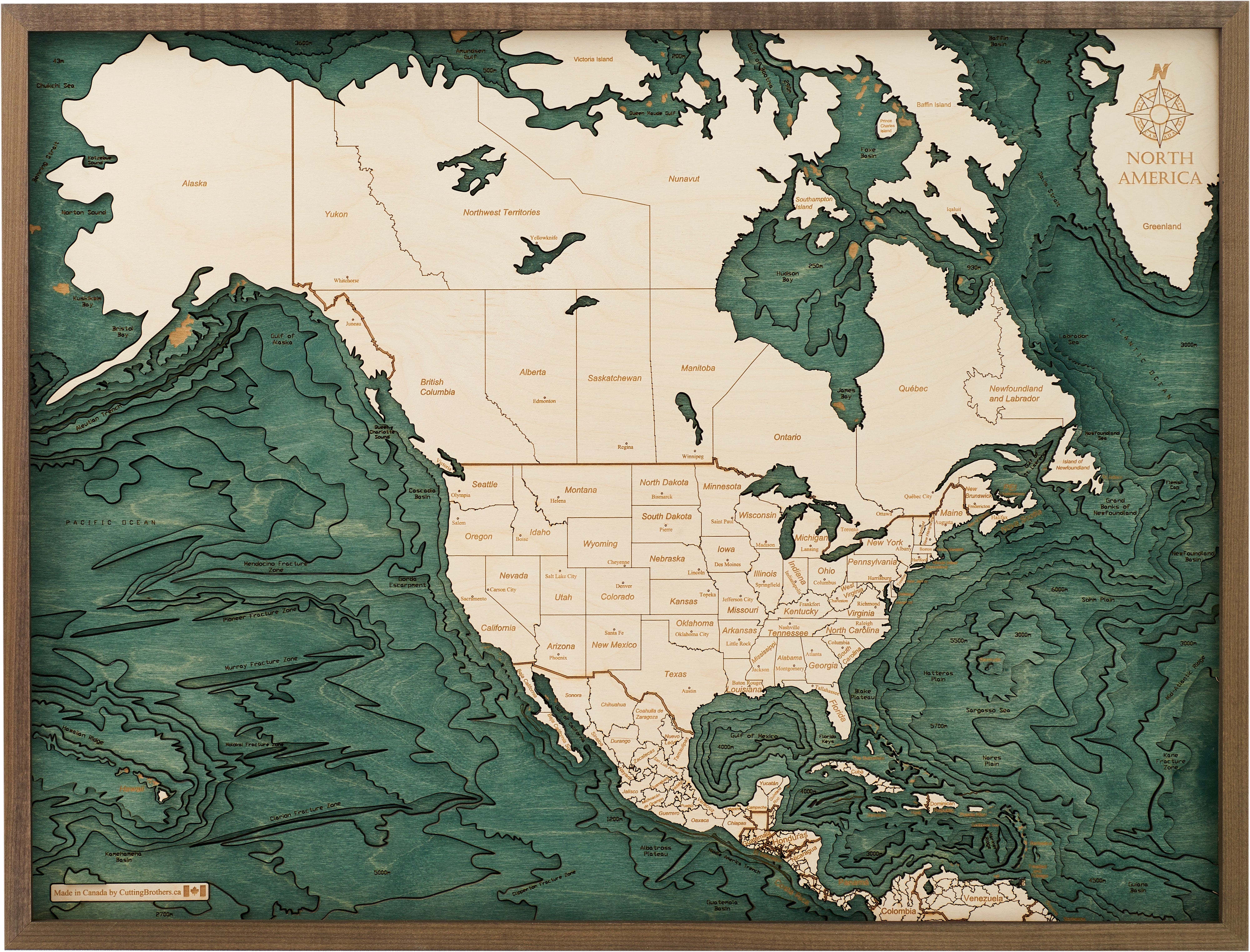 NORTH AMERICA 3D Wooden Wall Map - Version L