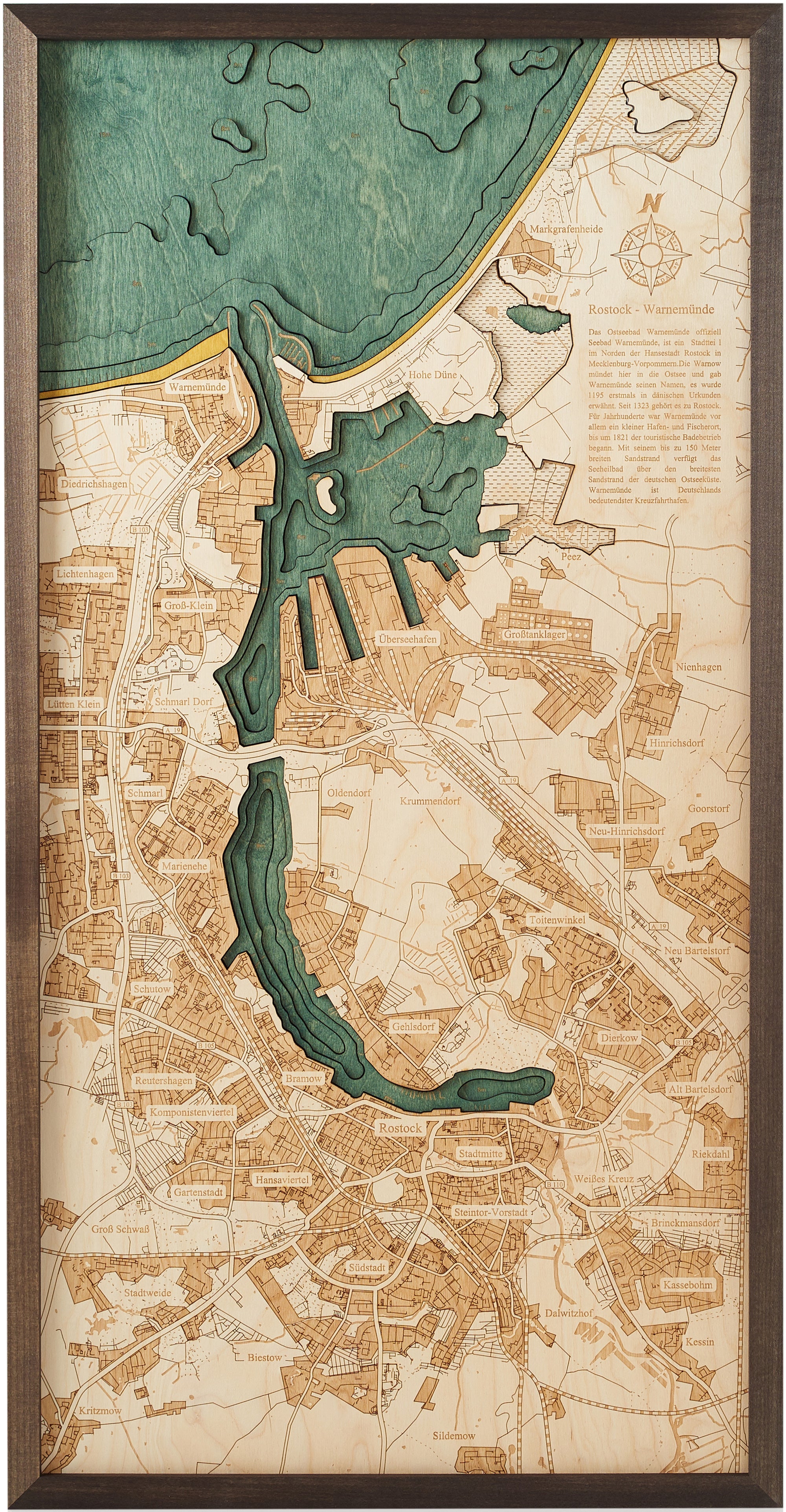 ROSTOCK WARNEMÜNDE 3D wooden wall map - version M 