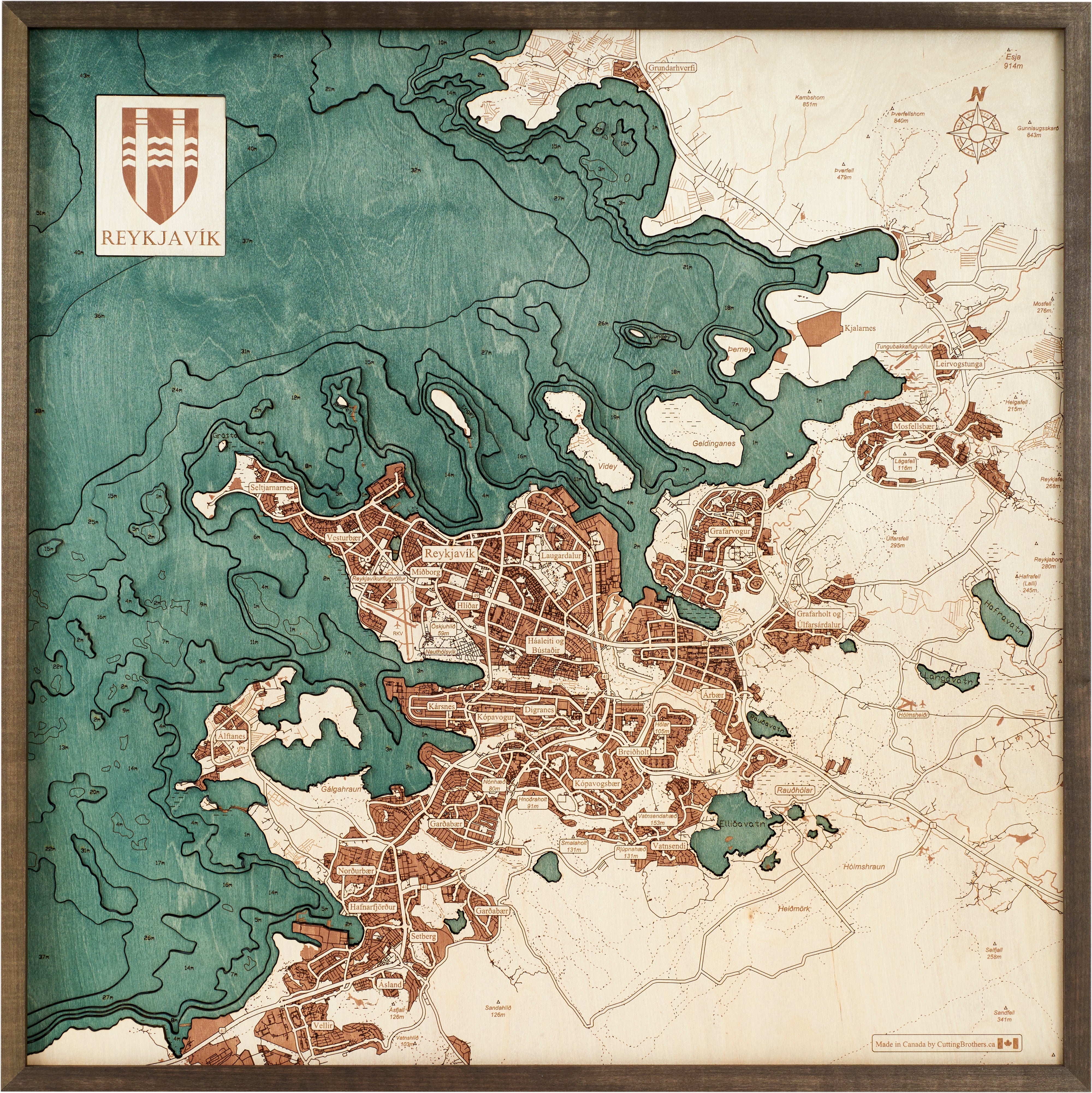 Reykjavik 3D Wooden Wall Map - Version L 