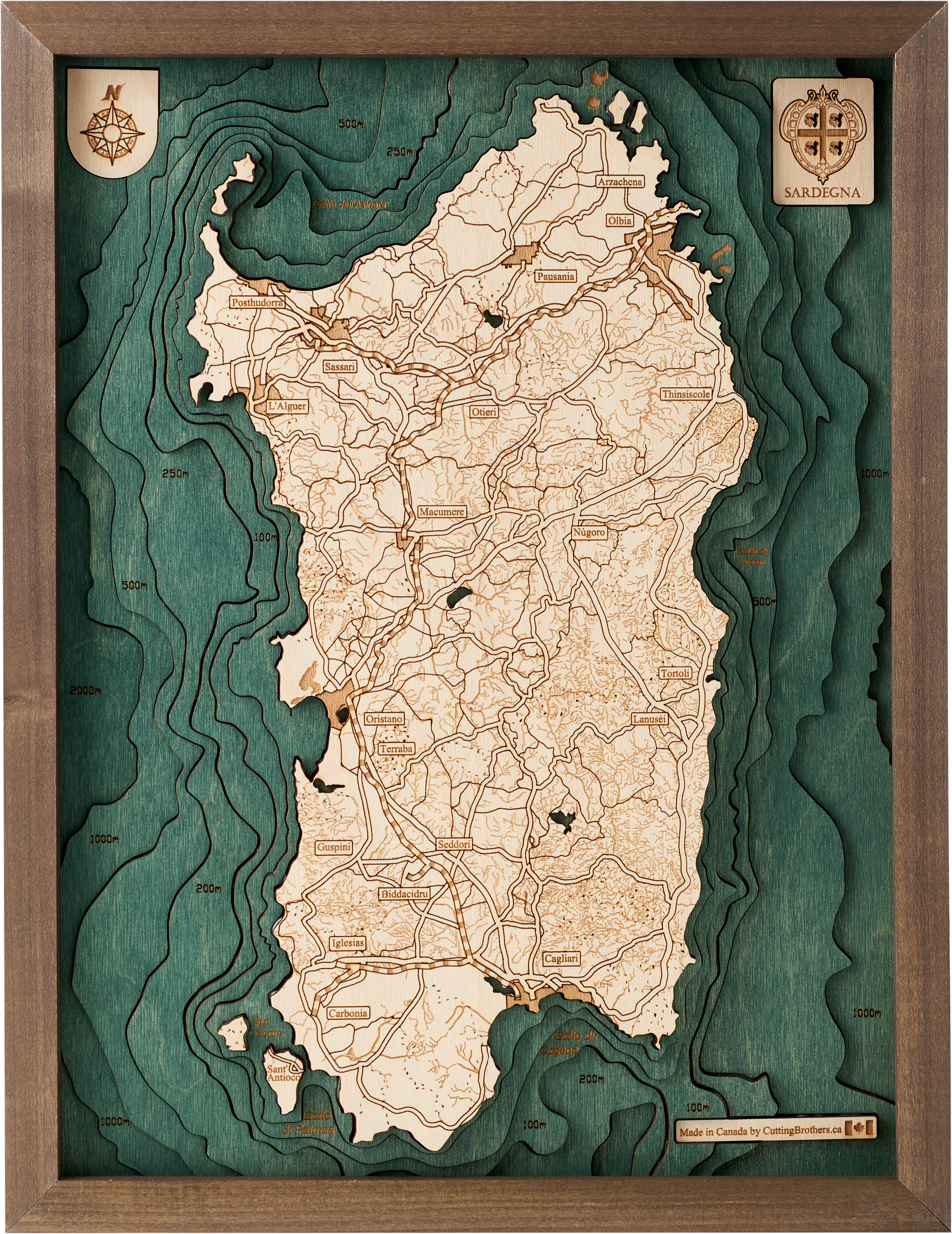 SARDINIA 3D Wooden Wall Map - Version S 