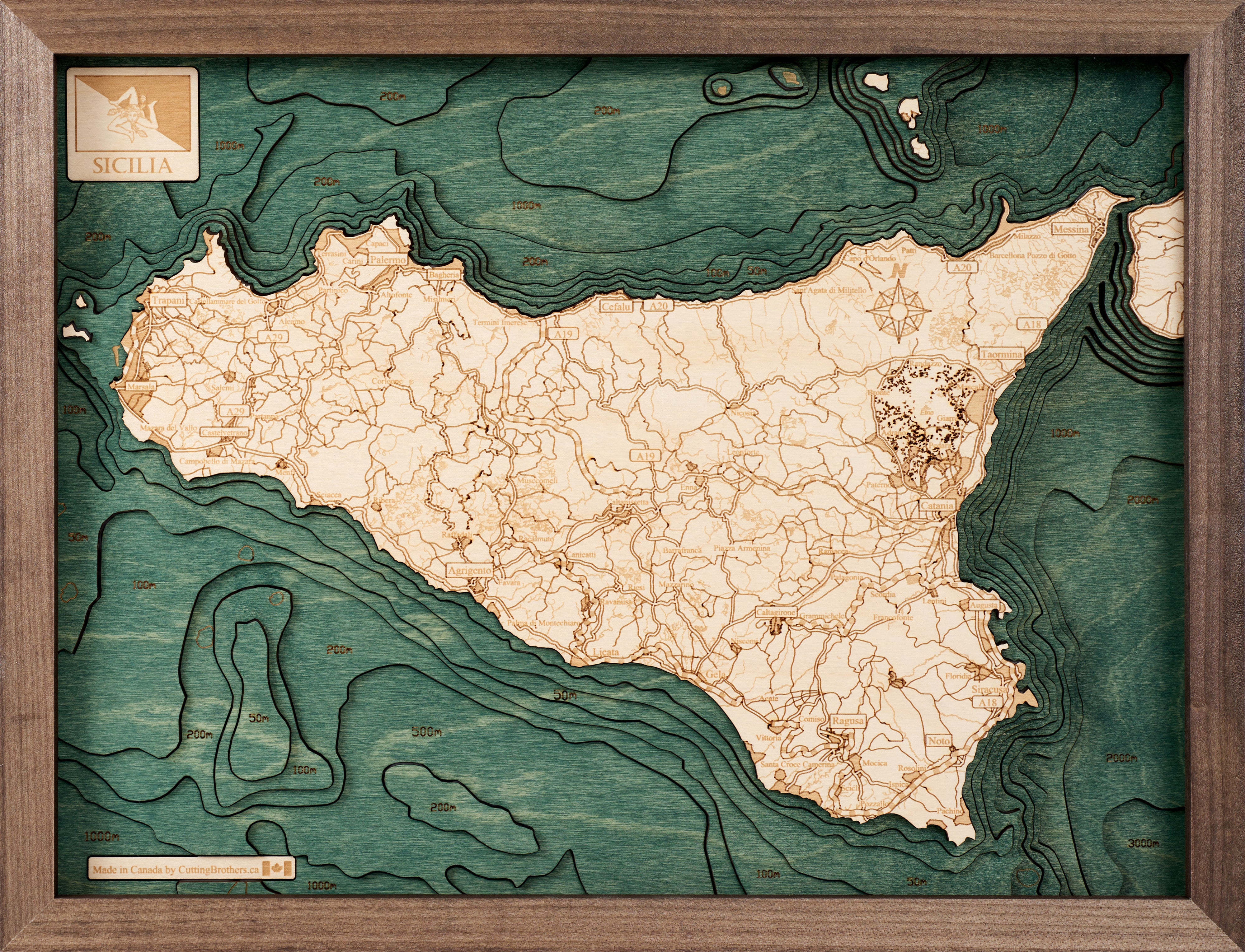 SICILY 3D Wooden Wall Map - Version S 