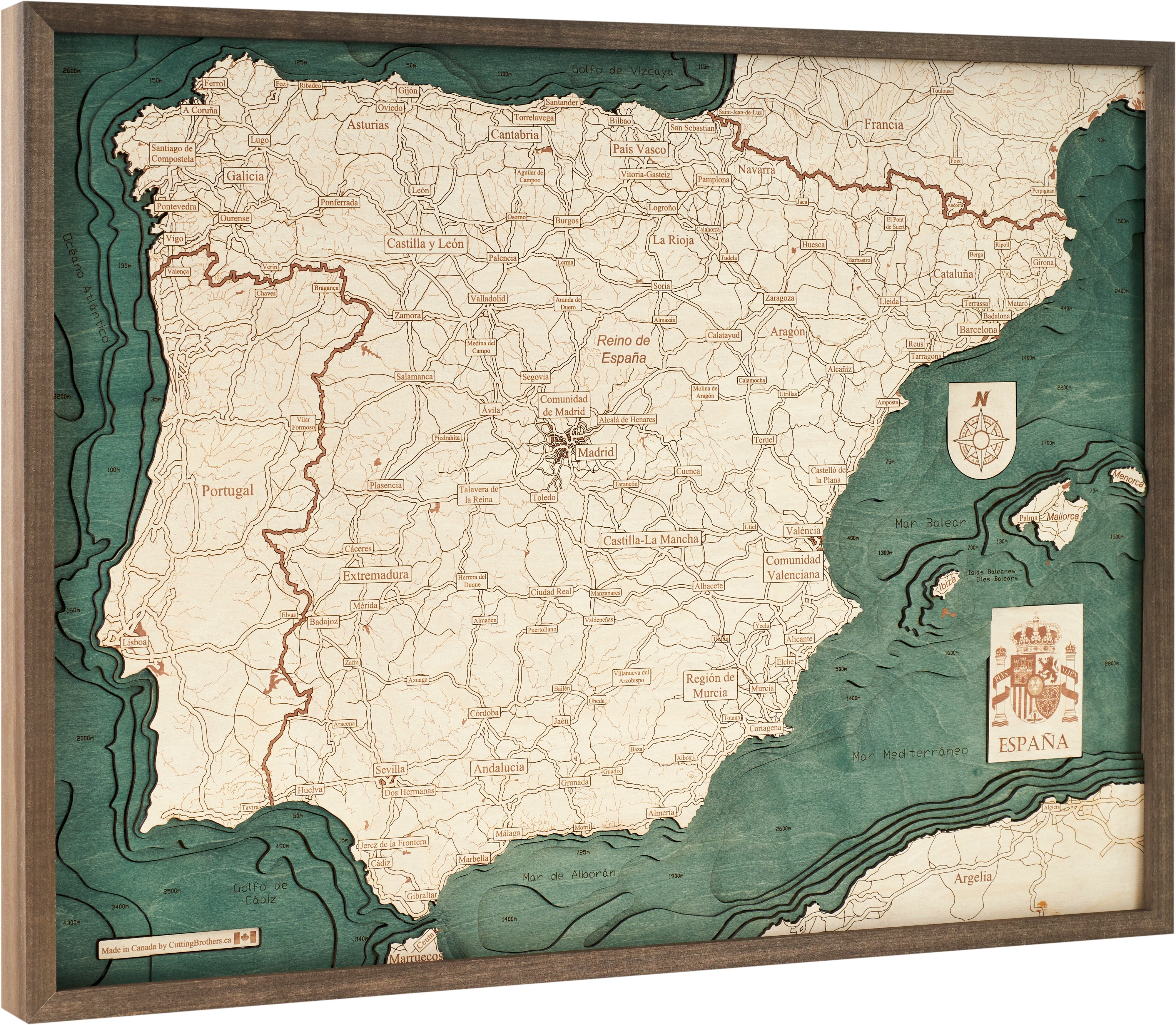 SPANIEN 3D Holz Wandkarte - Version L