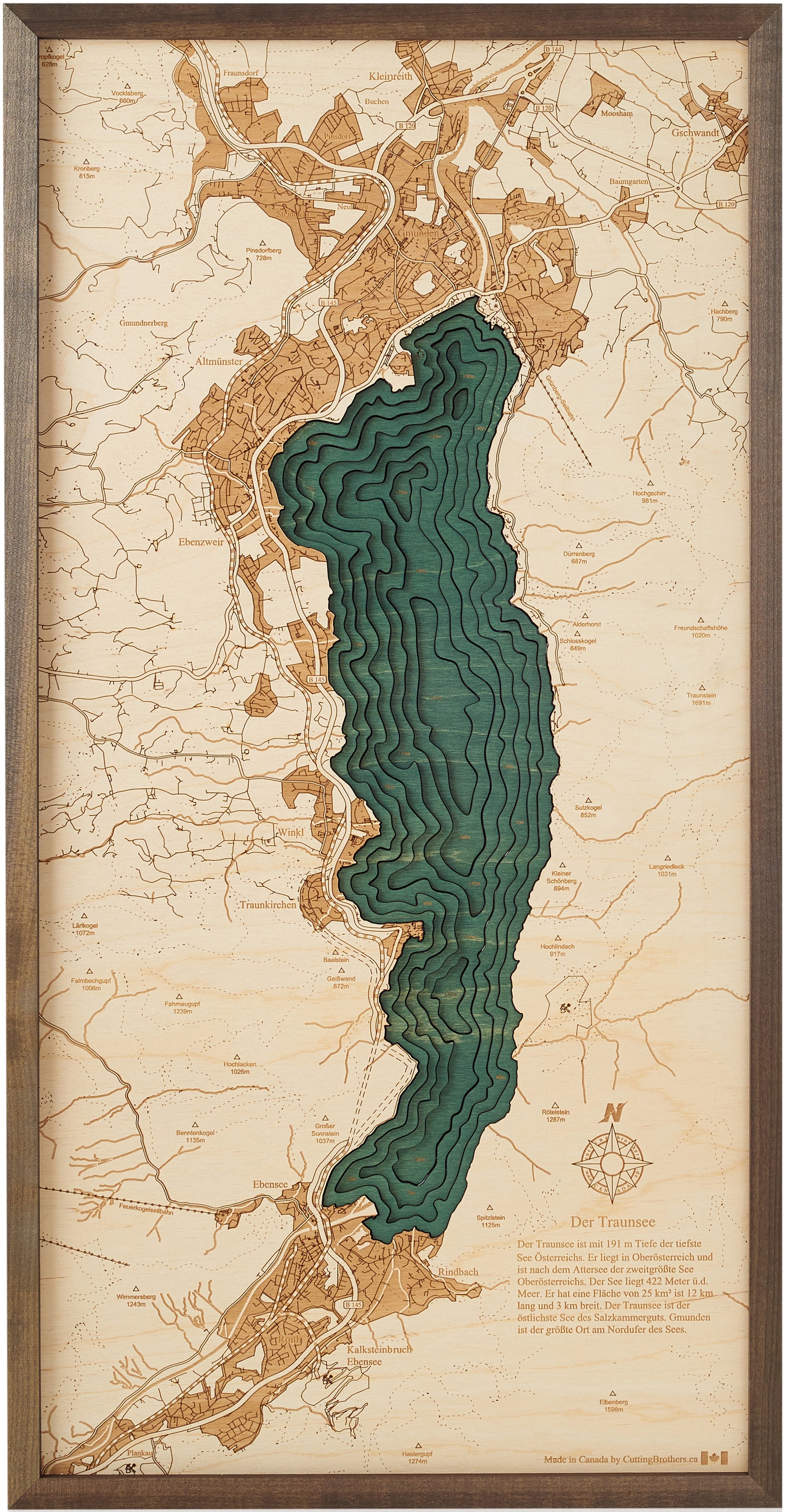 TRAUNSEE 3D wooden wall map - version M