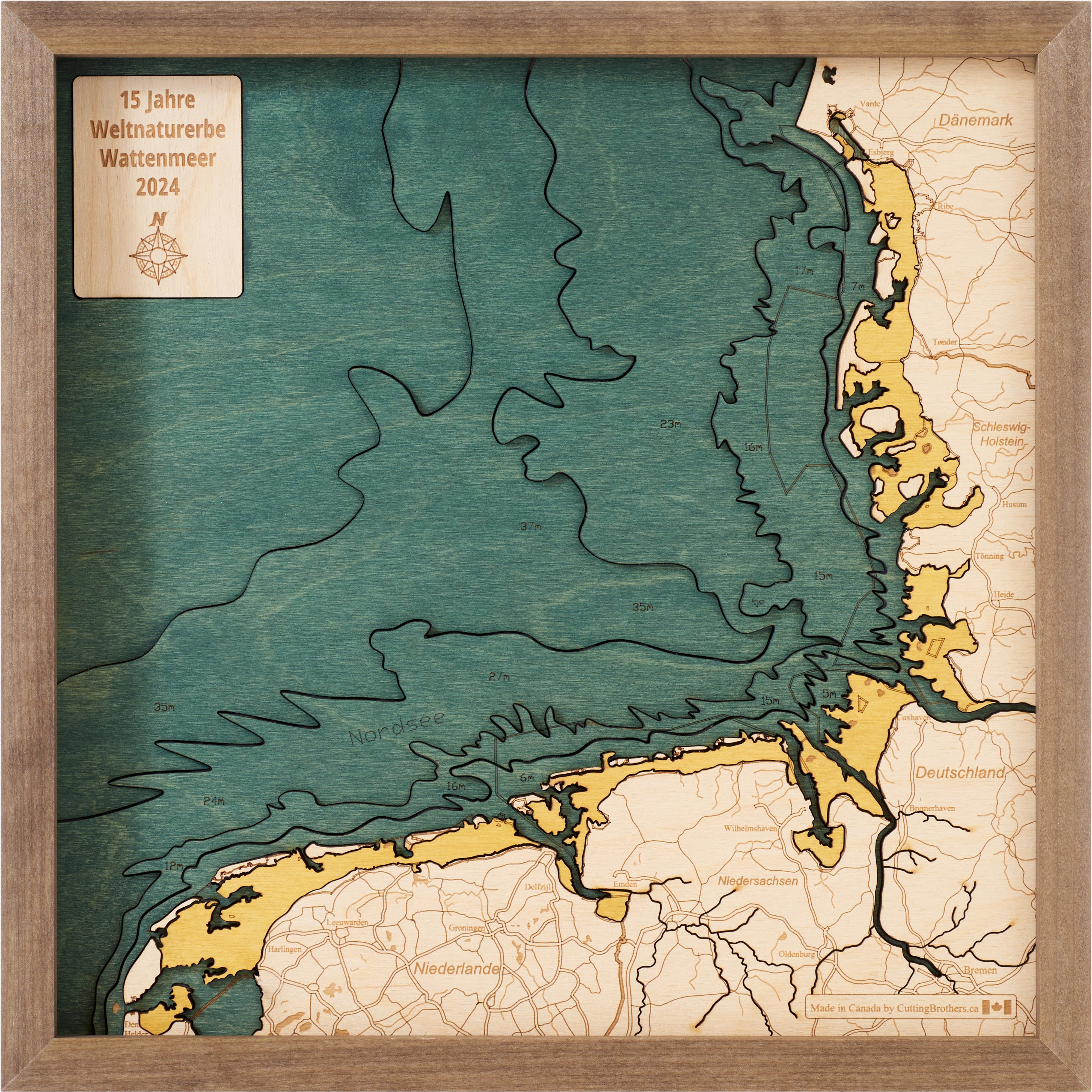 WADDEN SEA 15 Years of UNESCO World Heritage 3D Wooden Wall Map - Version S 