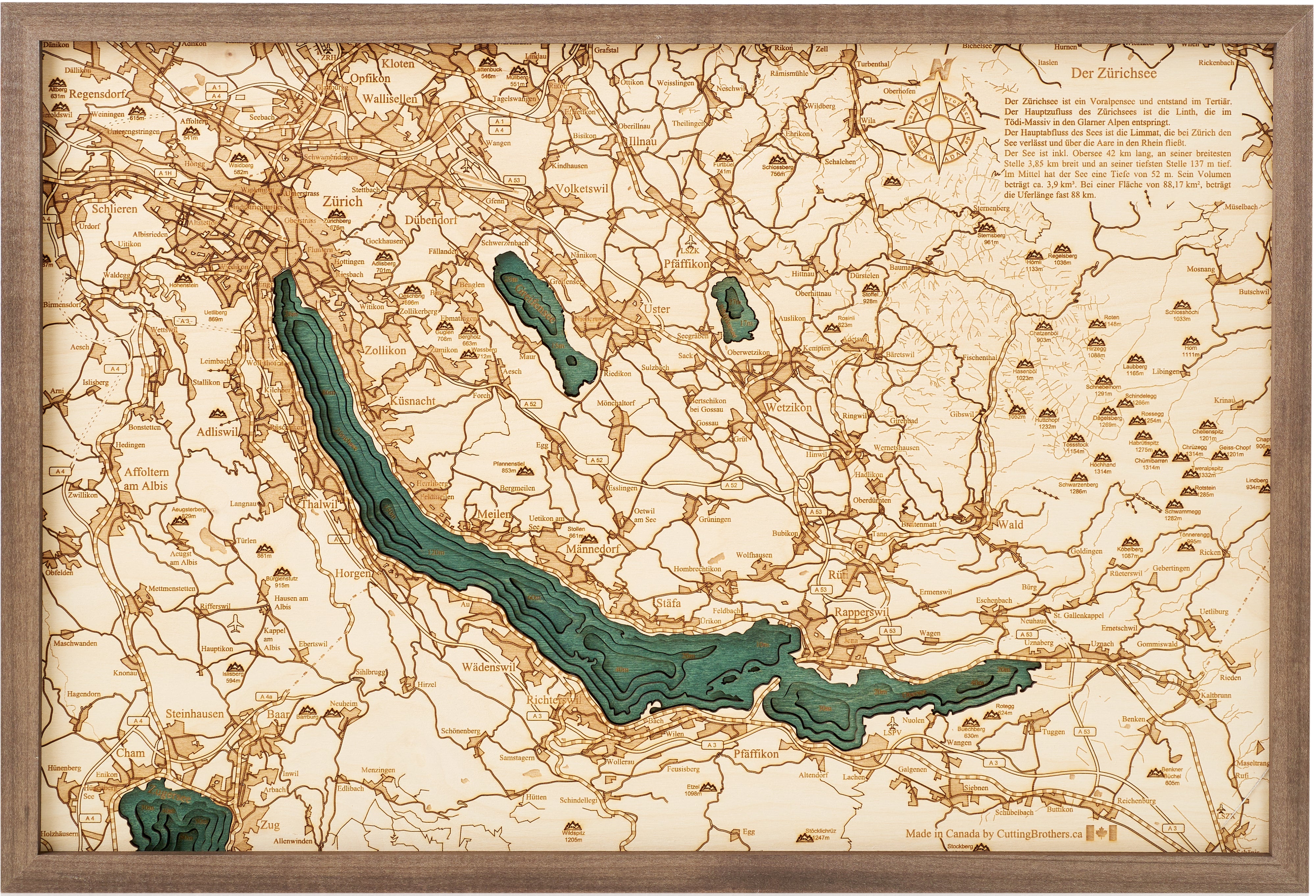 LAKE ZURICH 3D wooden wall map - version M